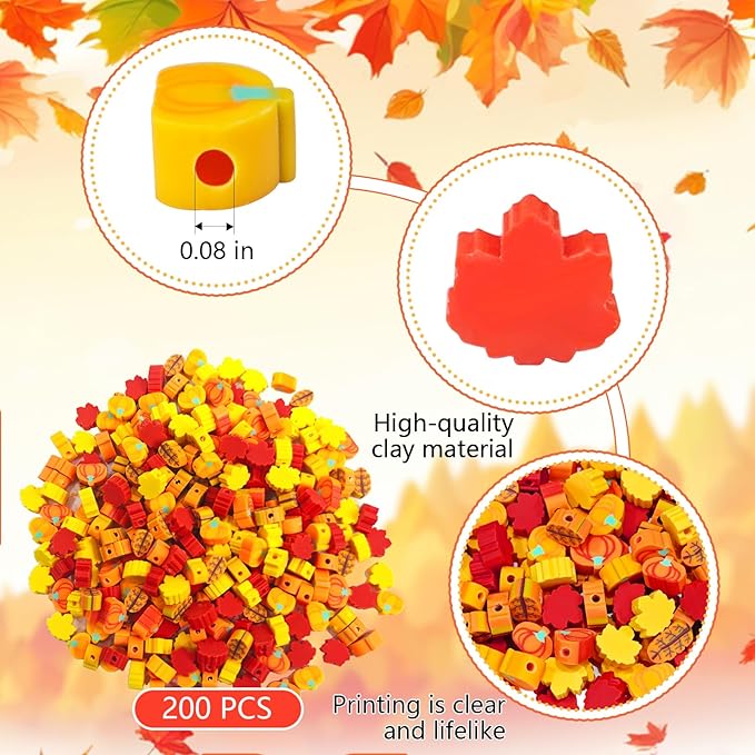 YQUQWN 200 PCS Fall Polymer Clay Beads Thanksgiving Maple Leaf Pumpkin Clay Beads for Jewelry Making Autumn Necklace DIY Bracelet Fall Accessories Party Supplies Craft Kits