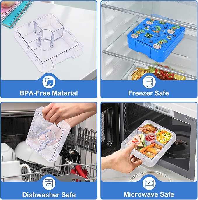 Bento Lunch Box Set With 10oz Soup Thermo, Leak-proof Lunch Containers with 4 Compartment, Kids Hot Thermo Food Jar/Insulation Lunch Bag, Food Containers for School（Dinosaur）