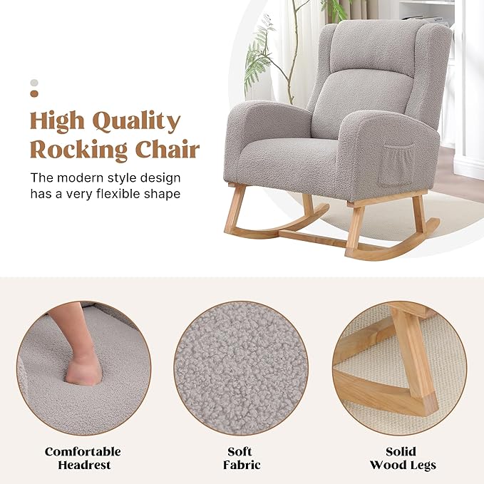 Rocking Chair Nursery, Nursing Rocking Chairs for Mom Nursery, Comfy Wingback Glider Rocking Armchair with Side Pocket for Nursery Living Room Bedroom, Teddy Light Grey