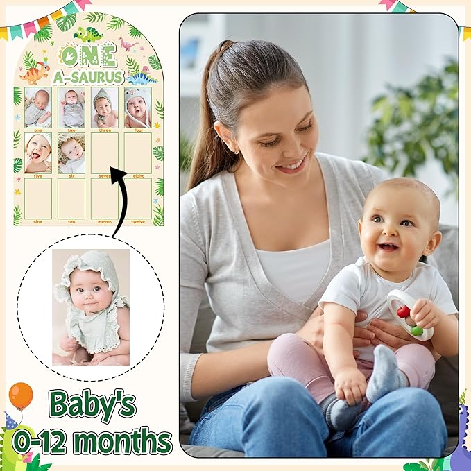 R HORSE My First Year Photo Frame Board, 3D One a Saurus Birthday Decorations Display Wood Board, Dinosaur Themed Baby First Year Picture Frame 12 Months Milestone 1st Birthday Nursery Decor Gift