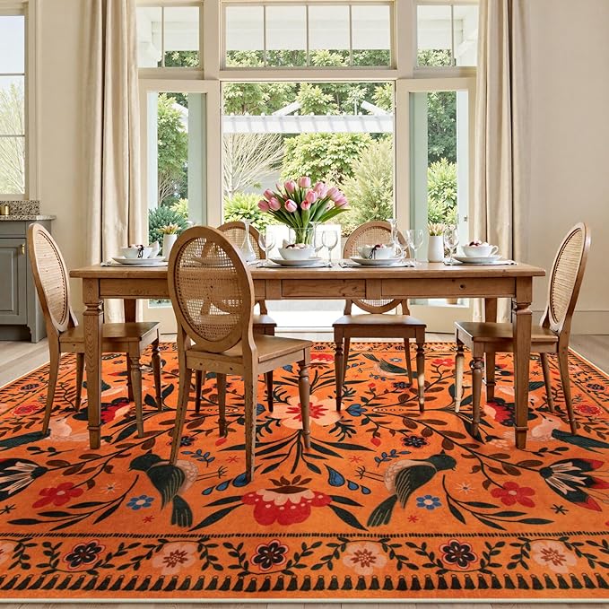 Moynesa Boho Area Rugs 9x12 Living Room, Machine Washable Ultra Thin Soft Bedroom Rug, Indoor Bird Floral Pattern Print Large Orange Carpet for Hardfloor Dining Room Under Table Playroom