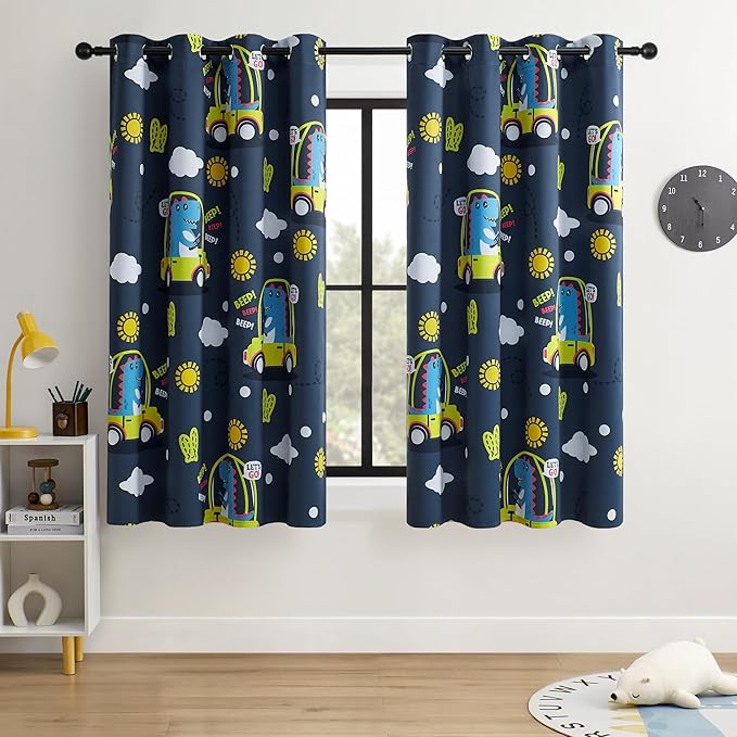 Kids Dinosaur Blackout Curtains - 2 Panels, Each W52*L63 with 100% Blackout, Thermal Insulated, and Noise Reducing, Perfect for Kids Room, Bedroom, Nursery