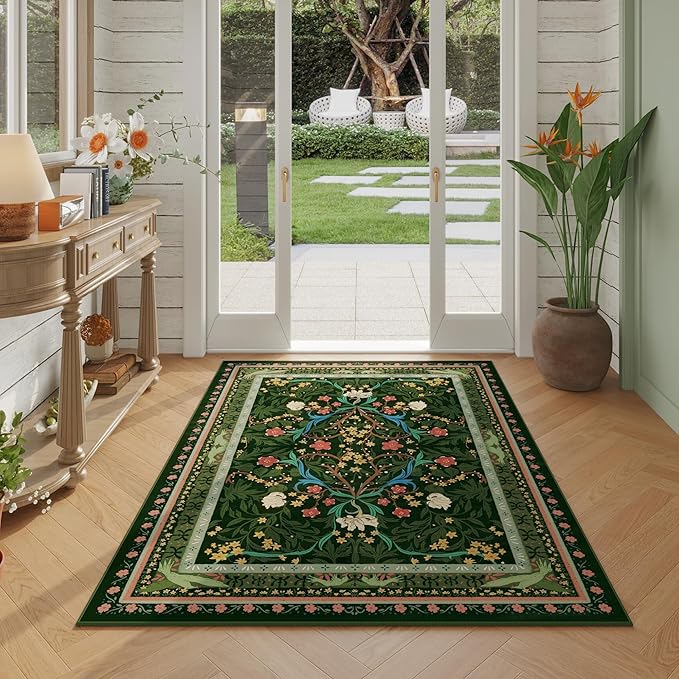 Area Rug 4x6 Rug Washable Vintage Floral Botanical Rugs Non Slip Low Pile Small Carpet for Bedroom, Bedside, Kids Room, Office, Dining Room, Green