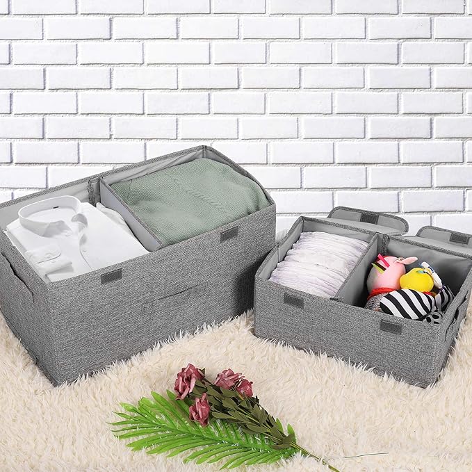 2 Pack Large Storage Boxes with Lids and Handles, Collapsible Linen Storage Bins Organizer Containers Baskets Cube with Removable Divider for Home Bedroom Closet Office (Khaki, Large)