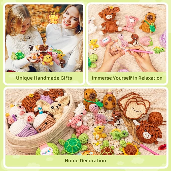 Mewaii Crochet Kit for Beginners – 5 Easy Dinosaur Crochet Kits with Step-by-Step Video Tutorials, Pre-Started Yarn, 40% Extra Yarn, Beginner Crochet Kit for Adults & Kids