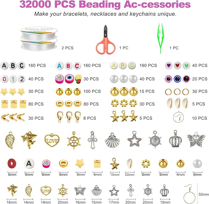 Redtwo 32000 Pcs Clay Beads Bracelet Making Kit, 9 Boxes 192 Colors Friendship Bracelet Kit Flat Polymer Heishi Beads for Jewelry Making, Crafts Gift for Girls Ages 6-12