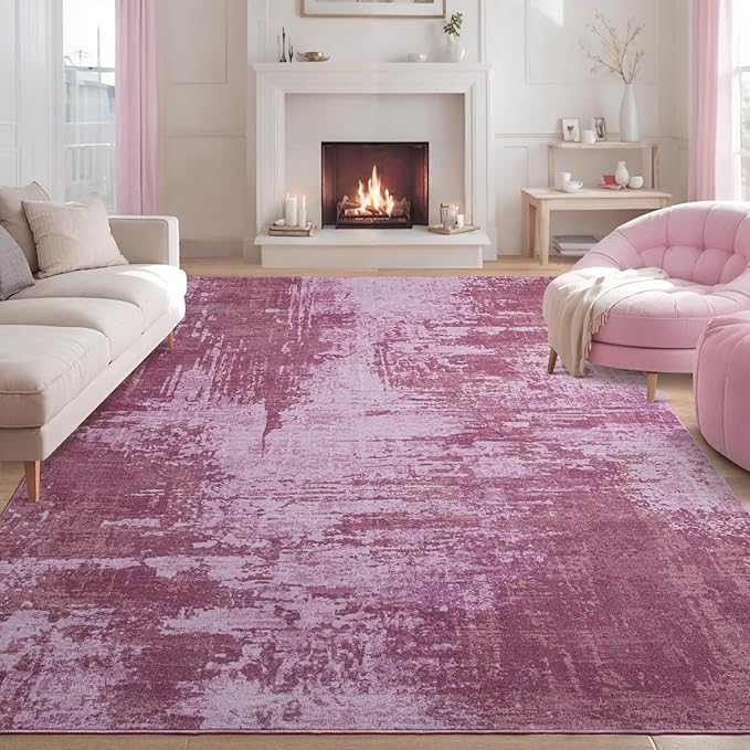 Kelarea Living Room Rug, 6x9 Rug Modern Abstract Washable Rugs Pink Faux Wool Vintage Carpet, Non Slip Rugs for Bedroom, Dining Room, College Dorm, Kids Playroom, Home Office