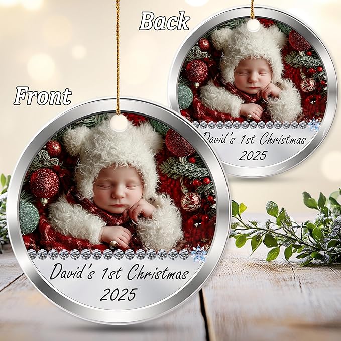 Personalized Newborn Photo Christmas Ornament 2025 - Baby’s First Holiday Keepsake - New Baby Custom Ornament - Gift for New Parents Mom Dad - Christmas, Birthday Gift for Boys, Girls
