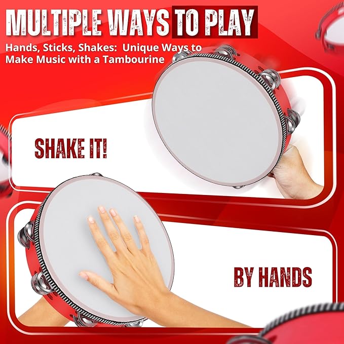 Flexzion Wood Handheld Tambourine Adults 8-Inch Double Row 8-Pair Jingles (Red) - Percussion Round Tamborines Musical Instrument with Metal Zills
