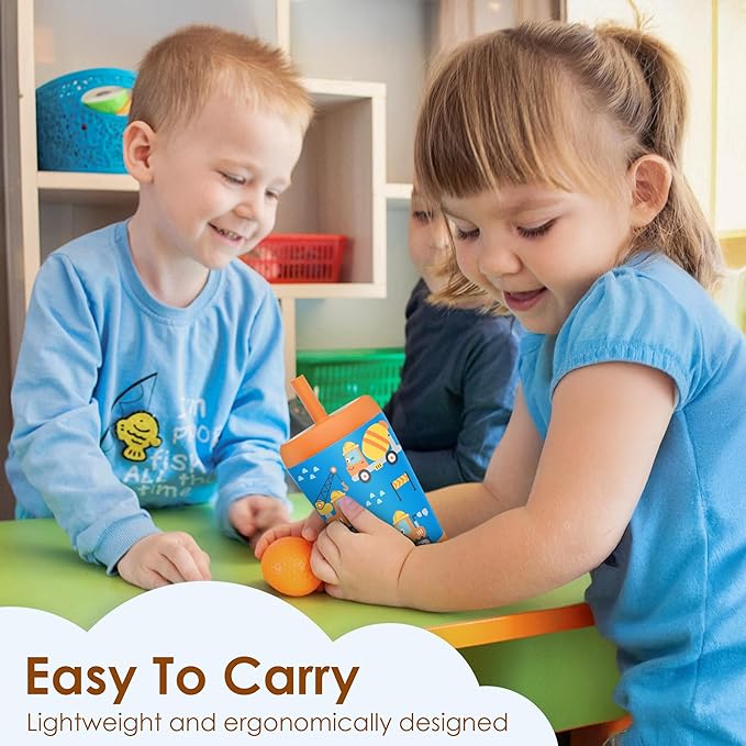 Kid Insulated Stainless Steel Tumbler with Silicone Straw, 12oz Sippy Cup for Kids (Construction Trucks)