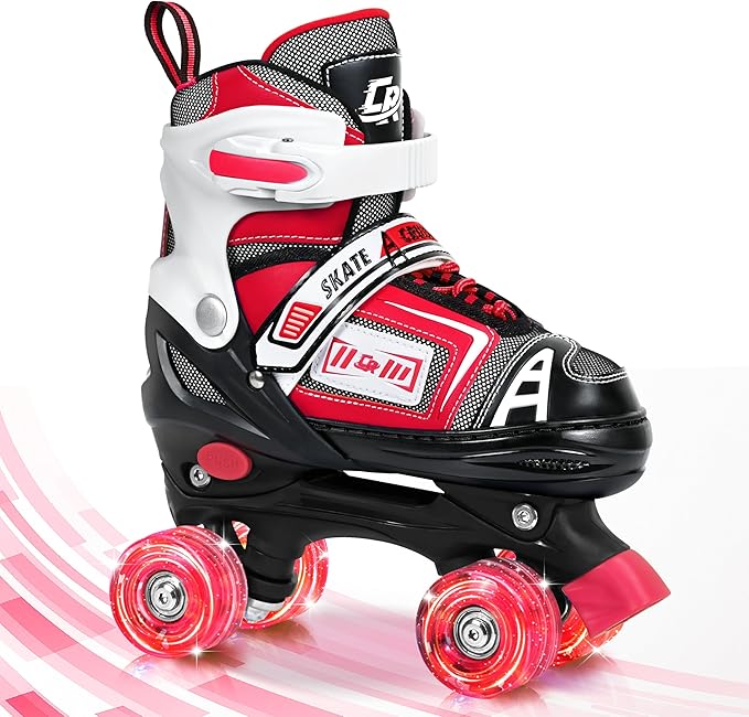 Adjustable Quad Skates for Kids, Teens, and Adults – Light-Up Wheels – Comfortable Fit, Secure Closure, Indoor and Outdoor Roller Skates for Boys and Girls