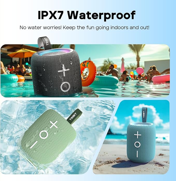 Tribit Bluetooth Speaker StormBox Mini+, 12W Shower Speaker with 360° Sound, 12H Playtime, Custom EQ, BT5.4, IPX7 Waterproof, RGB Lights, Type-C, AAC/SBC, TWS, Portable for Camping/Backyard (Green)