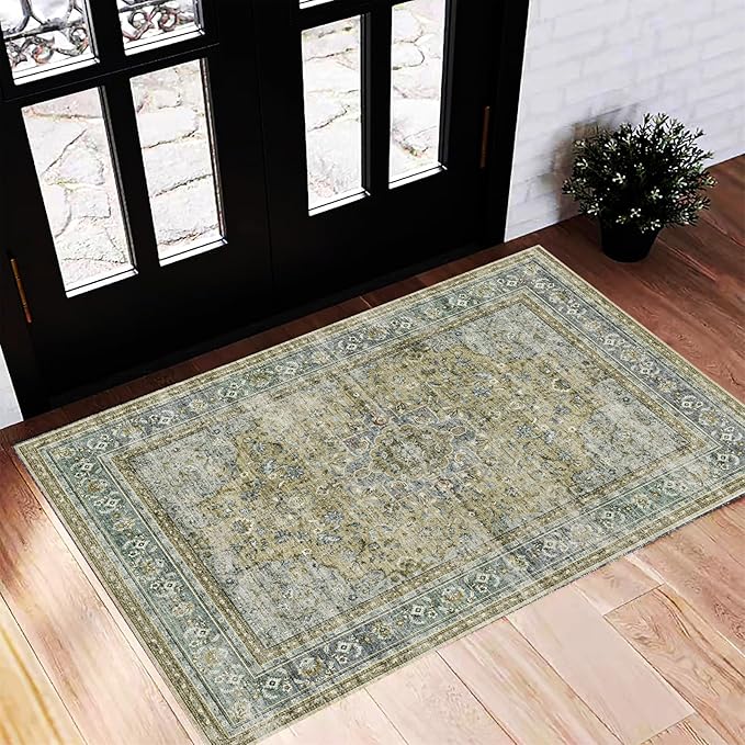 Washable Area Rug 2'x3' Door Mat Vintage Distressed Doormat Indoor Entrance Traditional Thin Rug Floral Print Non Slip Carpet for Kitchen Bathroom Bedroom Living Room