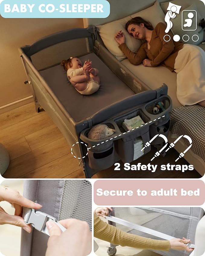 AirClub 4 in 1 Baby Bassinet Bedside Sleeper, 4 Functions Crib, Playard, Portable Changing Table, Bassinet for Newborn Baby, Bedsaide Bed w/Wheels&Brakes