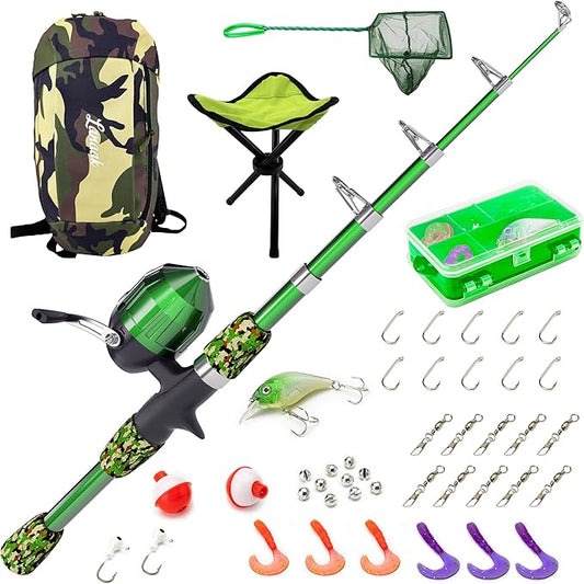 Kids Fishing Pole, Kids Portable Telescopic Fishing Rod Set, Tackle Box and Fishing Net Combo Kit, Kids Fishing Gear for Boys and Girls Age 5-10 and Youth