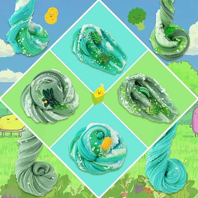 6 Packs Gradient Green Slime Kit - Cloud Butter Clear Slime, Crunchy Slimes for Kids with Various Slime Add-ins, Non Sticky Slimes Party Favors for Girls and Boys