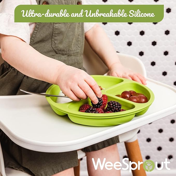 WeeSprout Silicone Divided Plates (With Lids), 100% Food Grade Silicone Divided Plates for Toddlers & Kids, Dishwasher & Microwave Safe