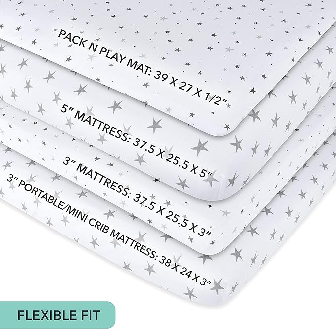 Ely's & Co. Patent Pending Waterproof Pack n Play│Mini Crib Sheet 2-Pack Set for Baby Boy or Baby Girl - 100% Combed Jersey Knit Cotton Sheets with Eco-Friendly Waterproof Lining — Grey Stars