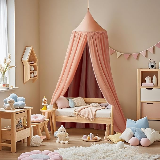 Cotton Kids Bed Canopy, Nursery Room Baby Crib Hanging Curtain Mosquito Net Hideaway Bedding Children Reading Nook Decoration, Pastel Neutral Color for Boys & Girls (Pink)