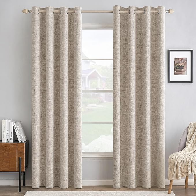 MIULEE 90 Inches Linen Textured Curtains for Bedroom 100% Blackout Thermal Insulated Natural Grommet Room Darkening Curtains & Drapes Luxury Decor for Living Room Nursery 52 x 90 Inch (2 Panels)