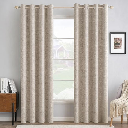 MIULEE 90 Inches Linen Textured Curtains for Bedroom 100% Blackout Thermal Insulated Natural Grommet Room Darkening Curtains & Drapes Luxury Decor for Living Room Nursery 52 x 90 Inch (2 Panels)