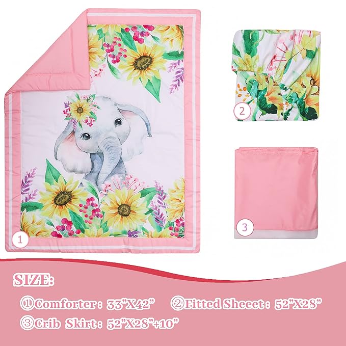 Cloele Crib Bedding Set for Baby Girls - 3 Piece Elephant Baby Bedding Set includes Pink Crib Skirt Crib Quilt Fitted Sheet - Sunflower Soft Nursery Comforter Bedding Set for Girls