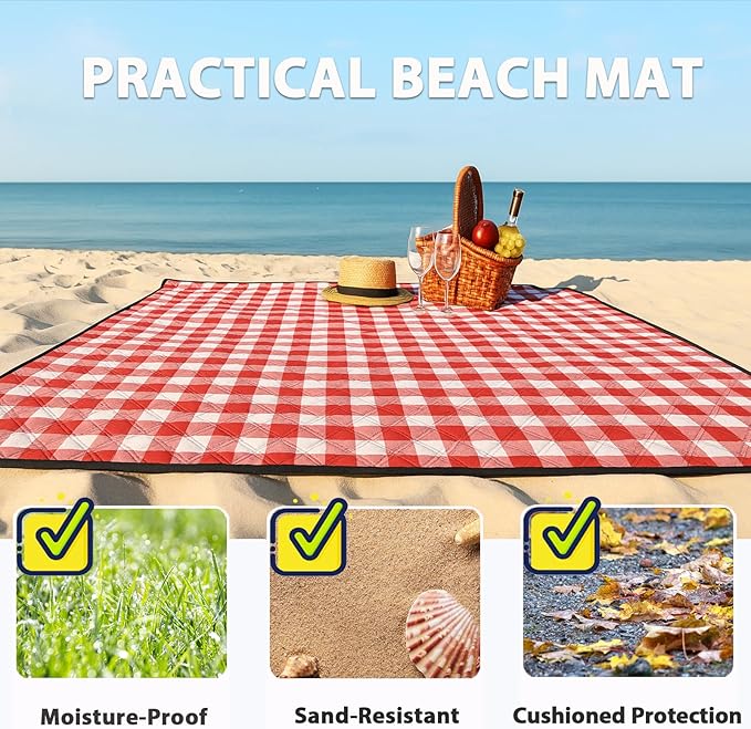 TigeJoy Extra Large Picnic Blanket Waterproof Foldable 80''x80'', Outdoor Picnic Mat Beach Blanket Sandproof for Park, Grass, Travel, Hiking, Camping Essentials, Gingham Picnic Blanket
