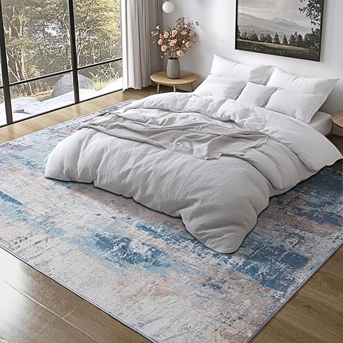 Area Rug Living Room Rug, 5x7 Modern Abstract Washable Rug Beige Blue Non Slip Foldable Faux Wool Vintage Carpet, Fluffy Non-Shedding Rugs for Living Room, Bedroom, Dining Room, Kids Playroom