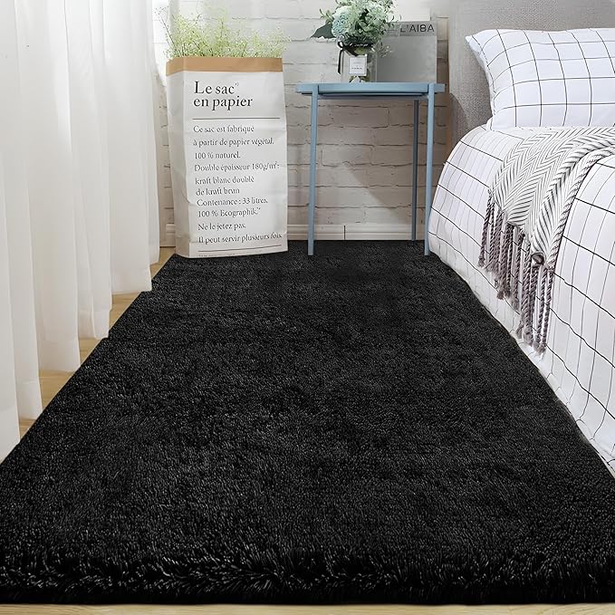2x6 Runner Rug for Bedroom: Fluffy Shag Soft Washable Rugs Small Fuzzy Plush Indoor Carpet for Hallway Bedside Dorm Kids Girls Boys Room (Black, 2'x6')