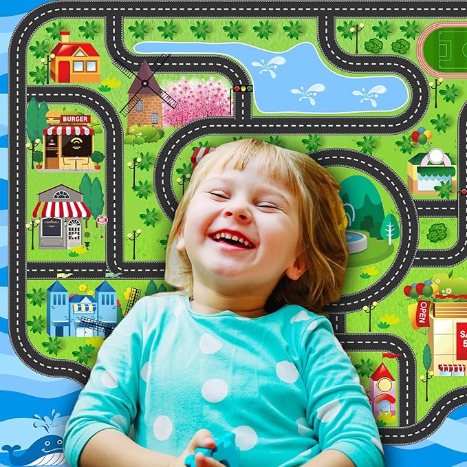 Car Rug,Kids Play Rug with Roads,Playroom Toy Car Rug, Car Track Rug City Map for Bedroom Classroom - (78.7X59 Inches)