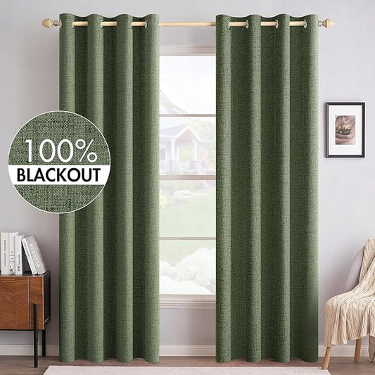MIULEE 100% Blackout Linen Textured Curtains for Bedroom Solid Thermal Insulated Olive Green Grommet Room Darkening Curtains & Drapes Luxury Decor for Living Room Nursery 52 x 84 Inch (2 Panels)