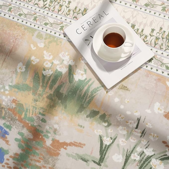 4x6 Rug for Bedroom Impressionist-Style Vintage Washable Rugs Non Slip Low Pile Small Carpet for Bedside Kids Room Office Dining Room, Beige