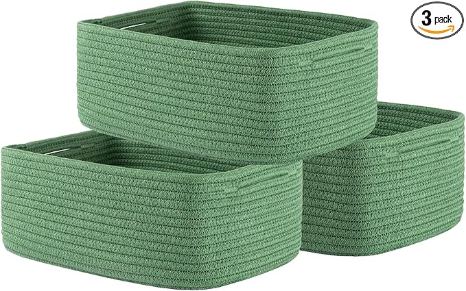 Small Woven Basket, 13.5 x 9.5 x 5 Inches, Storage Basket for Organizing, Cute Small Rope Shelf Closet Cube Storage Bins Baskets for Shelves, Dog Toy Gift Baskets Empty, 3 Pack, Green