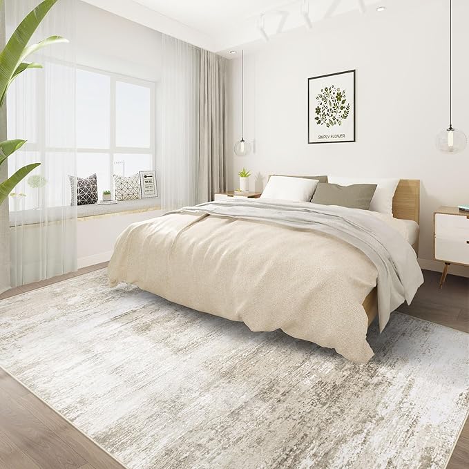 Washable Rug 6x9 Area Rugs for Living Room: Neutral Soft Rug Abstract Non Slip Low Pile Modern Carpet for Bedroom Kitchen Nursery Office Dining Room Indoor (Beige, 6'x9')