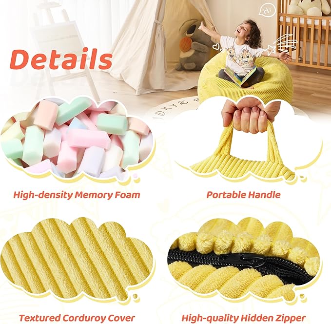 Bean Bag Chairs Teardrop Bean Bag Chair Beanbag Chair with Memory Foam Filled Machine Washable Cover for Living Room, Bedroom (Small,Yellow)