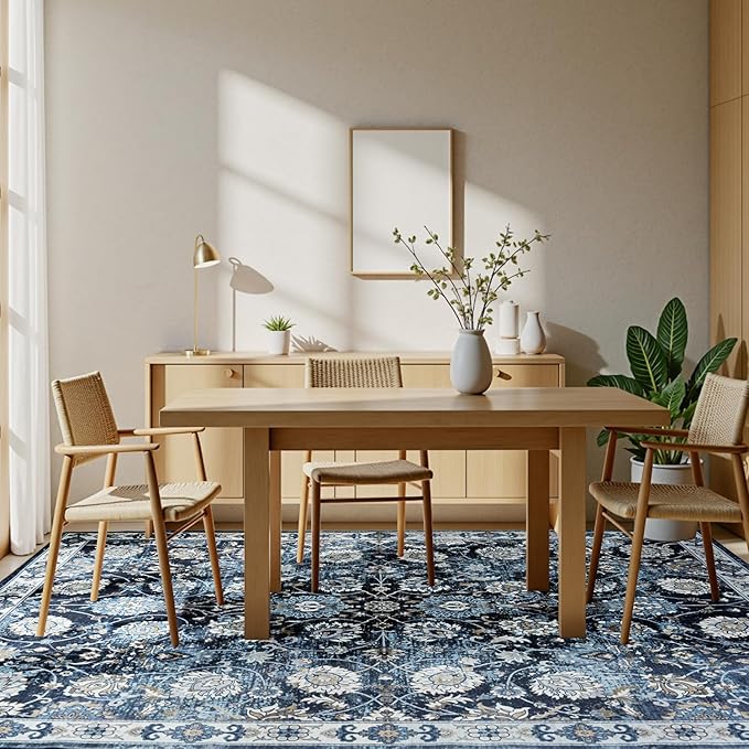 Floral 8x10 Area Rug for Living Room, Large Washable Blue Rugs, Soft Non Slip Carpets, Stain Resistant Low Pile Carpet for Indoor Dining Bedroom Under Table Home Office Nursery, Blues Garden