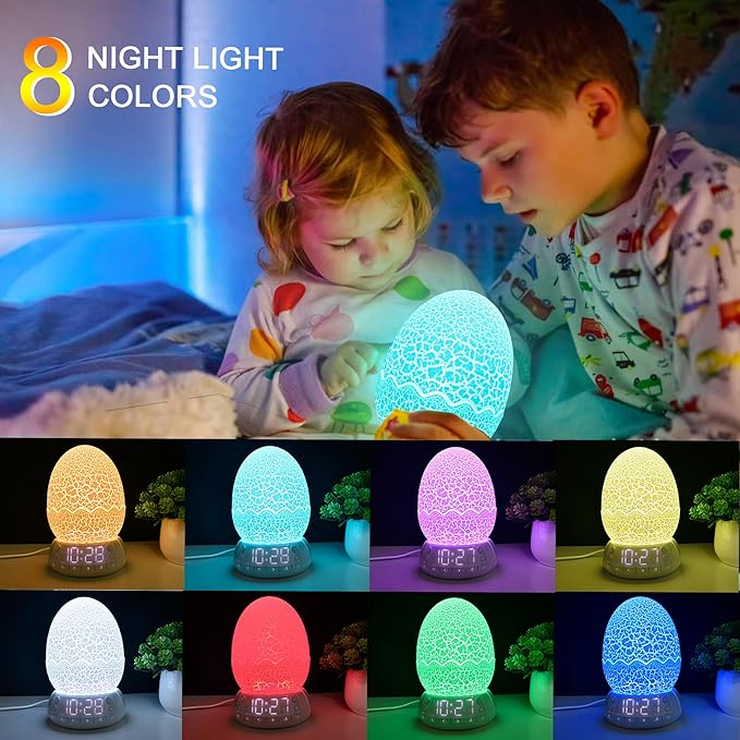 Upgraded Dinosaur Egg Alarm Clock/Digital Clock/Night Light/Music & White Noise Aid Sleep Machine/Bluetooth Speaker, Decor Ideal & Unique Lamp for Bedroom/Living Room, Gifts for Kids