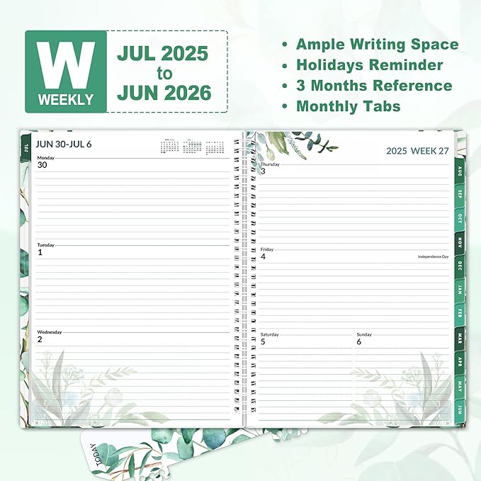 SUNEE Academic Planner 2025-2026 Weekly and Monthly, July 2025-June 2026, 8.5"x11", Tabs, Note Pages, Pockets, Bookmark, Flexible Cover, Spiral Binding, Leaves