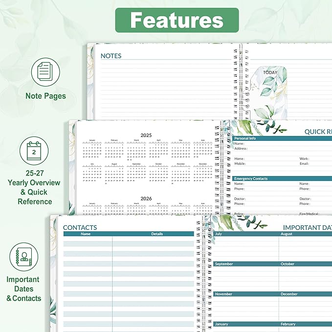 SUNEE Academic Planner 2025-2026 Weekly and Monthly, July 2025-June 2026, 8.5"x11", Tabs, Note Pages, Pockets, Bookmark, Flexible Cover, Spiral Binding, Greenery