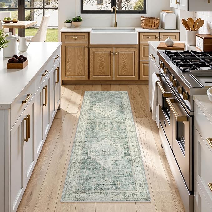 LIVEBOX Washable Rug 2x4 Kitchen Mats for Floor Entryway, Non Slip Front Door Mat for Bathroom Hallway, Boho Low-Pile Small Carpet Farmhouse Indoor Runner Rugs for Bath, Sage Green