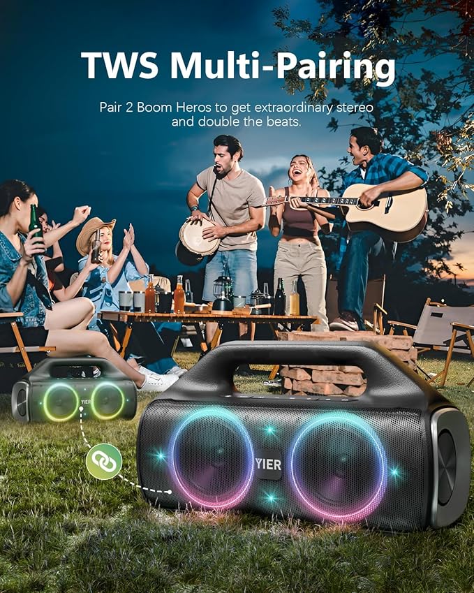 Speakers, 80w (Peak) Portable Wireless Speaker with Lights, Stereo Loud Sound, IP67 Waterproof, Deep Bass Outdoor Speakers Bluetooth 5.0 Dual Pairing for Home Party Beach Camping, Gifts