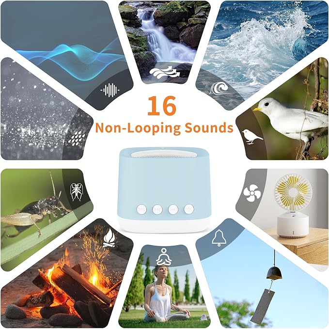 Portable White Noise Machine,Mini Sound Machine for Travel with Breathing Night Light,16 Soothing Sounds,Timer,Rechargeable Brown Noise Machines for Sleeping Adults Gift,Office Privacy,Home (Blue)