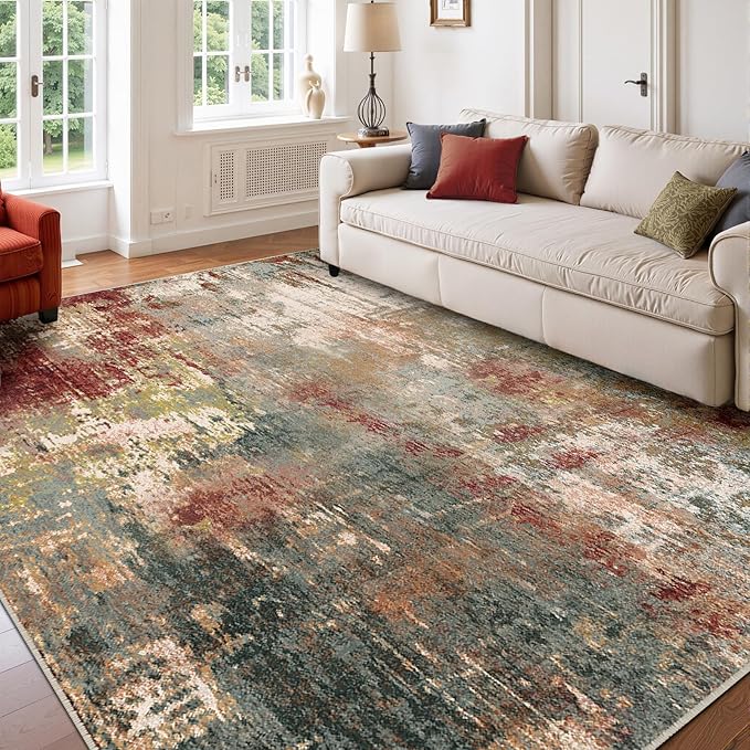 Washable Area Rugs 6'x9' Non-Slip Modern Abstract Soft for Living Room Entryway Bedroom Nursery, Print Pattern, Brown Rust Red Multi