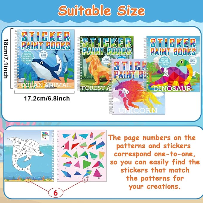4 Pcs Paint by Sticker Books for Kids Ages 4-8 Sticker by Number Books Activity Book for Kids Ages 3-5 Sticker Puzzle Book Craft Art Toddler Girls Gift with Dinosaur Unicorn Ocean Animal 32 Pictures