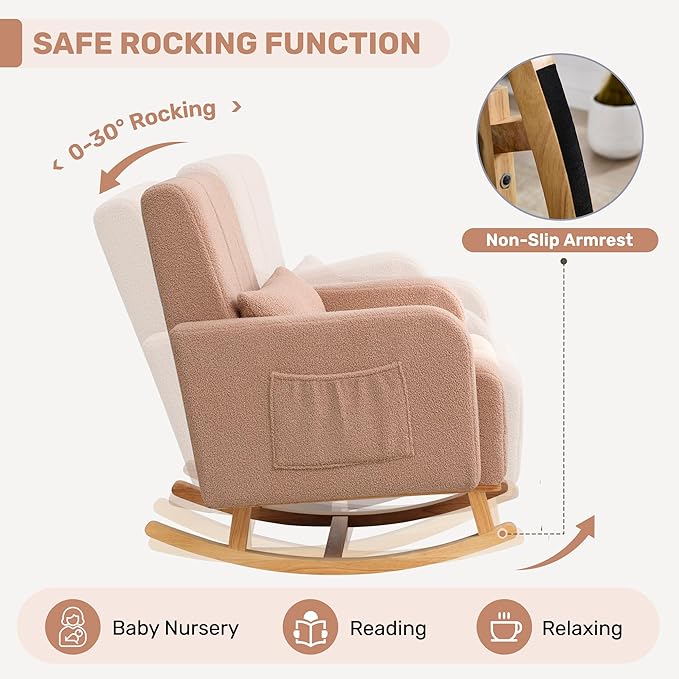 Rocking Chair with Ottoman, Upholstered Glider Rocker with High Backrest and Side Pocket, Comfy Reading Chair with Solid Wood Legs for Nursery, Living Room,Bedroom Coffee