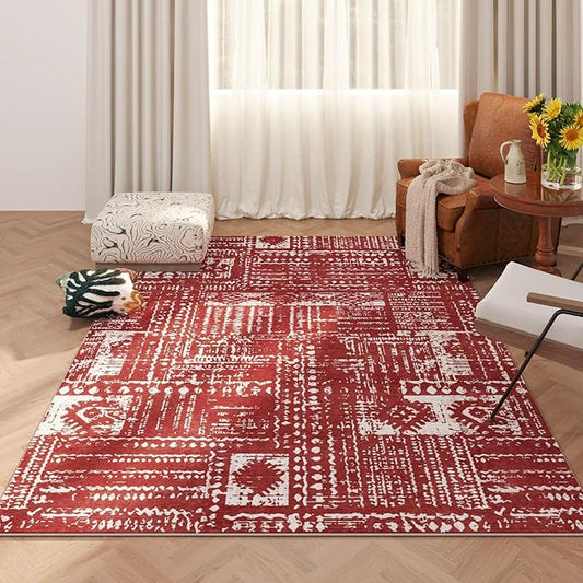 Living Room Rug 5x7 Rug Machine Washable Boho Area Rug Non Slip Moroccan Vintage Low Pile Large Rugs for Living Room, Bedroom, Farmhouse, Dining Room, Kids Playroom(Terracotta)
