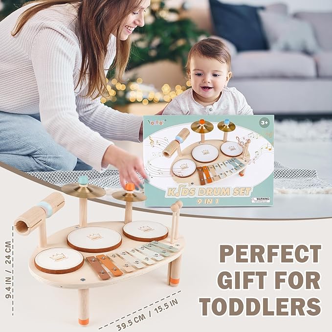 Drum Set - 9 in 1 Musical Instruments for for Toddlers 3+, Wooden Montessori Toys for Boy & Girls Easter Birthday Gifts, Musical Drum Set with Xylophone for Kids 3 4 5 6