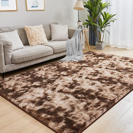 Fluffy Shag Area Rug, 4x5.8 Tie-Dyed Brown Rugs for Bedroom, Soft Plush Area Rugs for Living Room, Non-Slip Indoor Carpet for Nursery, Study Room, Dressing Room, Home Decor
