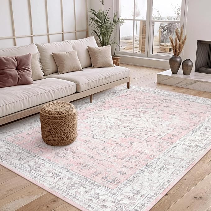 LIVEBOX Pink 5x7 Area Rug for Bedroom Girls, Boho Washable Rugs for Living Room Nursery, Non-Slip Indoor Soft Carpet Low-Pile Farmhouse Carpets for Dining Room Kids Playroom, Pink