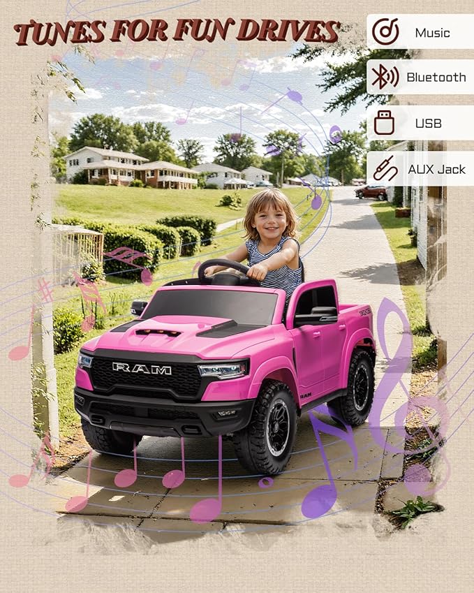 Licensed Ram 1500 12V Ride on Toys, Kids Ride on Car with Remote Control, Electric Vehicle for Toddler with Smooth Start, Pickup Truck Bed Storage, Spring Suspension, Aux Port (Pink)